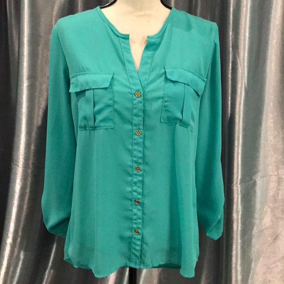 Mint Blue Button Up Blouse - Picture 2 of 4